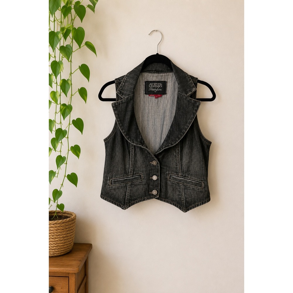 Vintage Guess USA Gray Stretch Denim Cropped Vest Western Festival Rodeo Sz L‎